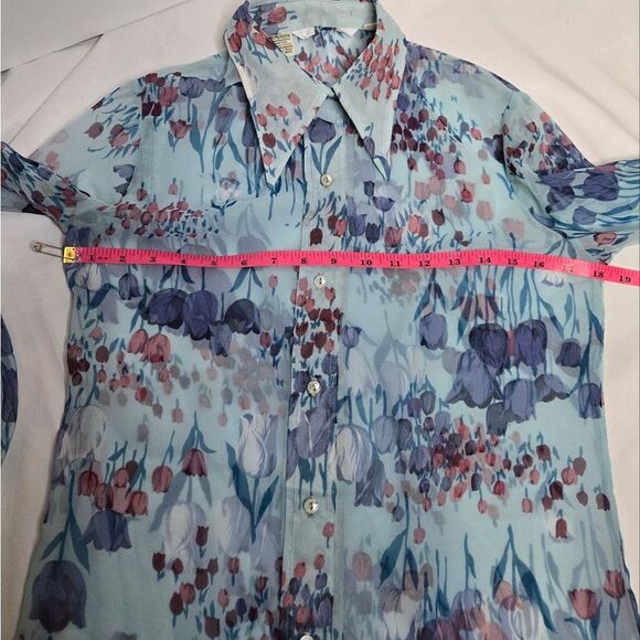 VINTAGE 70s sheer floral disco pointed collar button up top blouse deadstock S - Picture 9 of 10